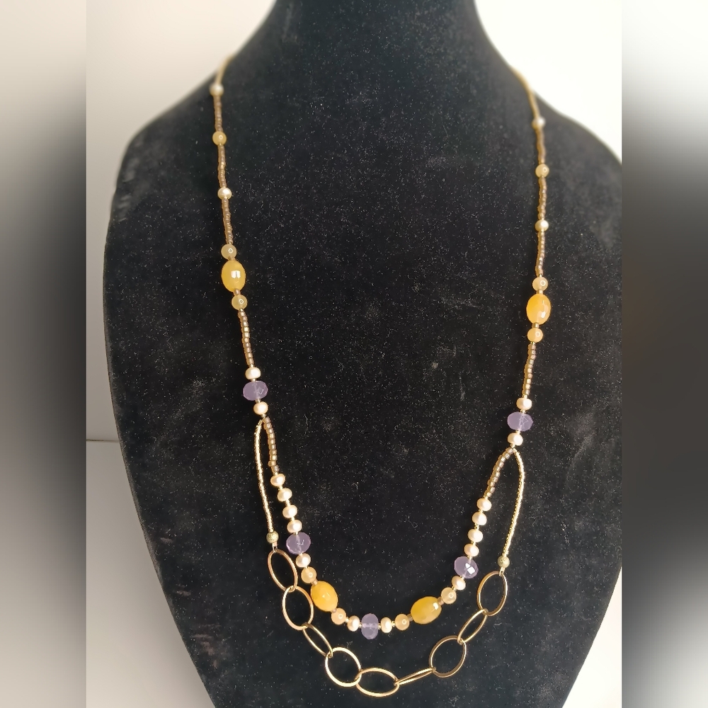 Elegant Gold Tone and Purple Beaded Necklace